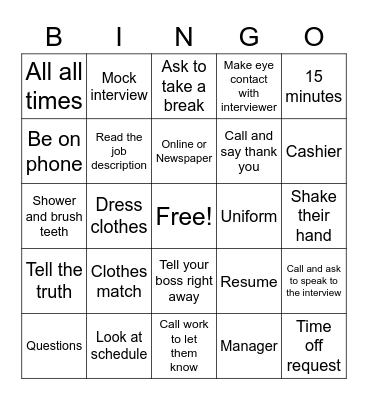 Job Skills Bingo Card