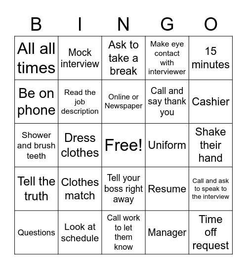 Job Skills Bingo Card