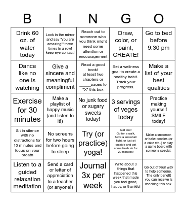 Winter Wellness Bingo Card