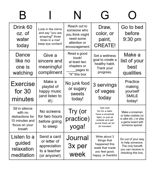 Winter Wellness Bingo Card