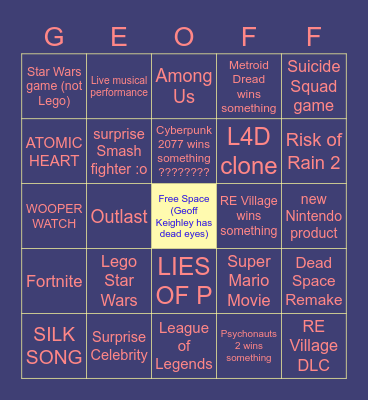 Geoff's Big Day Out Bingo Card