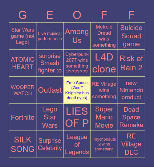 Geoff's Big Day Out Bingo Card