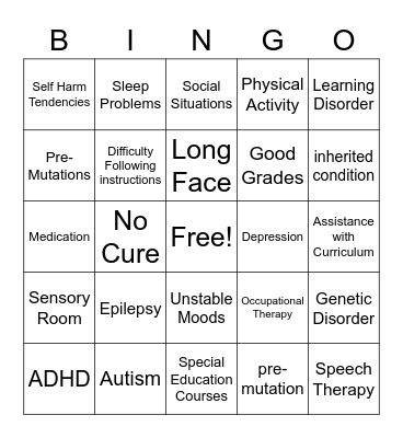 Fragile X Syndrome Bingo Card