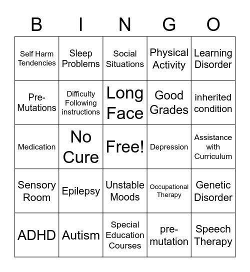 Fragile X Syndrome Bingo Card