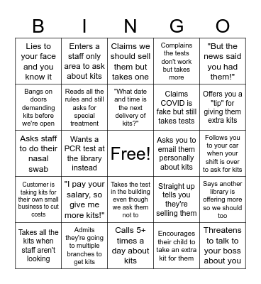 COVID Test Kit Customer Service Bingo Card