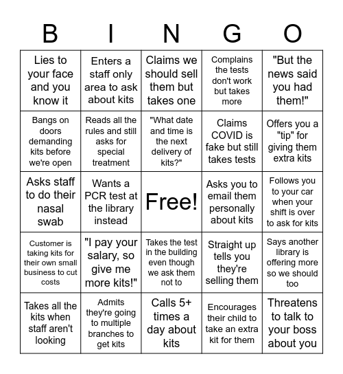 COVID Test Kit Customer Service Bingo Card