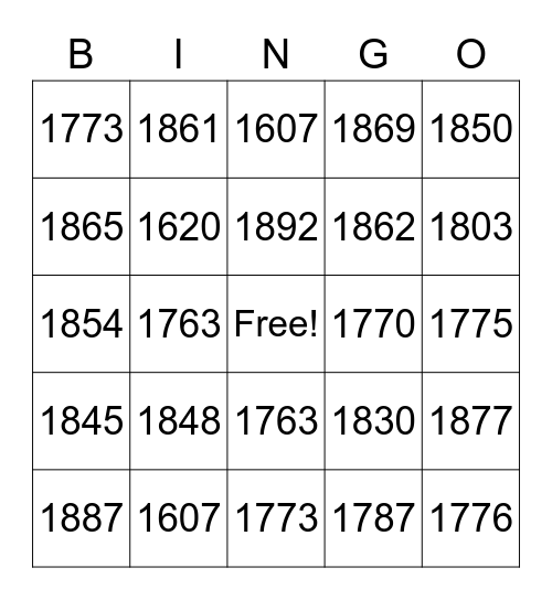 US History Fall 2021 Bingo Card