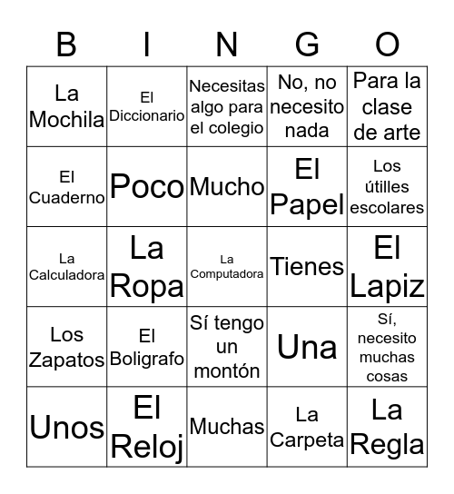 Saying what you have and need Bingo Card