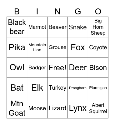Wildlife Bingo 2022 Bingo Card