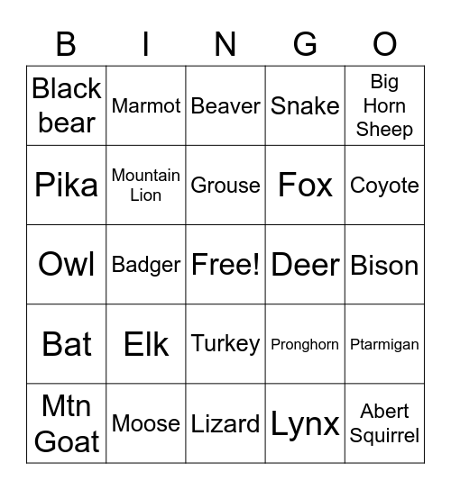 Wildlife Bingo 2022 Bingo Card