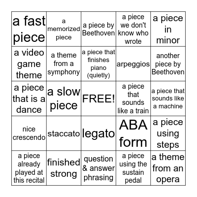 Piano Recital 2015 Bingo Card