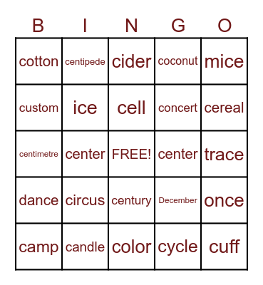 Hard and soft 'c' BINGO Card