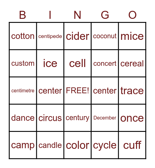 Hard and soft 'c' BINGO Card