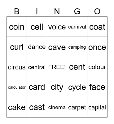 Hard and soft 'c' Bingo Card