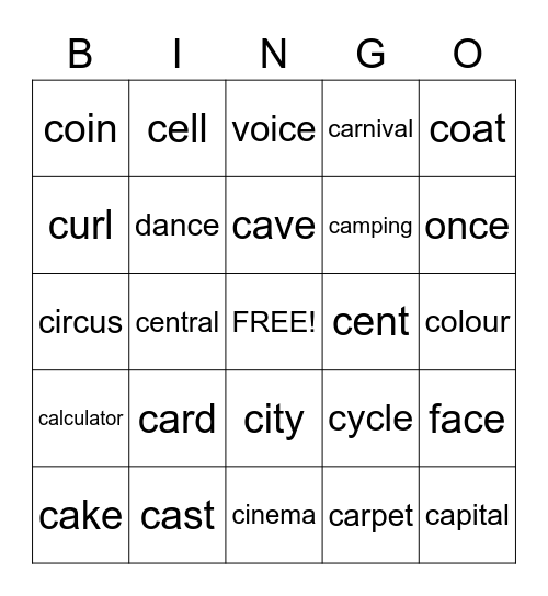 Hard and soft 'c' Bingo Card