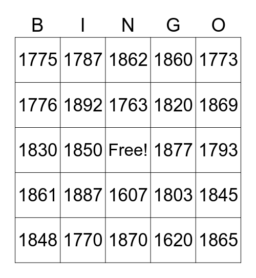 US History Fall 2021 Bingo Card