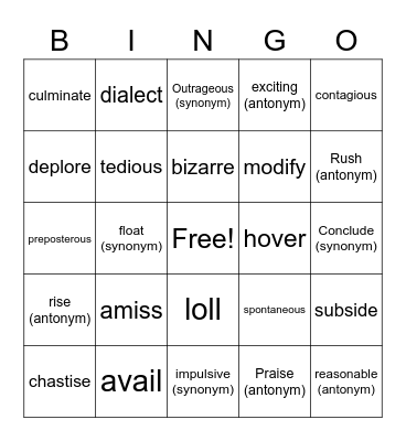 Wild Ride Vocabulary Bingo Card