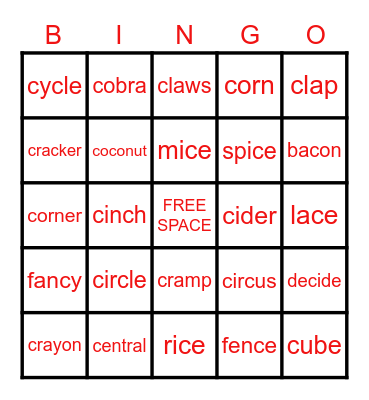 Hard and Soft "C" Bingo Card