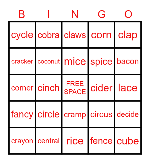 Hard and Soft "C" Bingo Card
