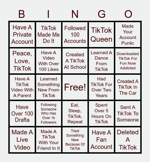 TikTok Bingo! Bingo Card