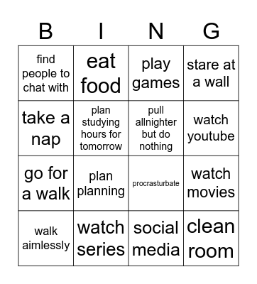 procrastination bingo Card