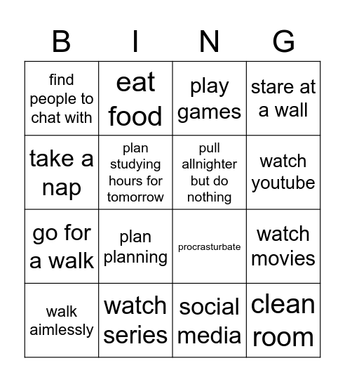 procrastination bingo Card