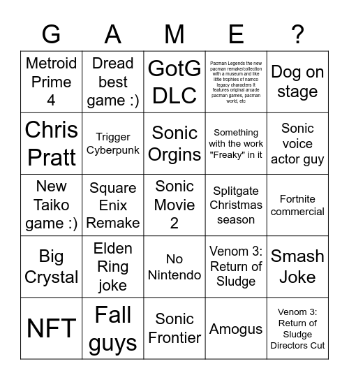 Game award Bingo Card