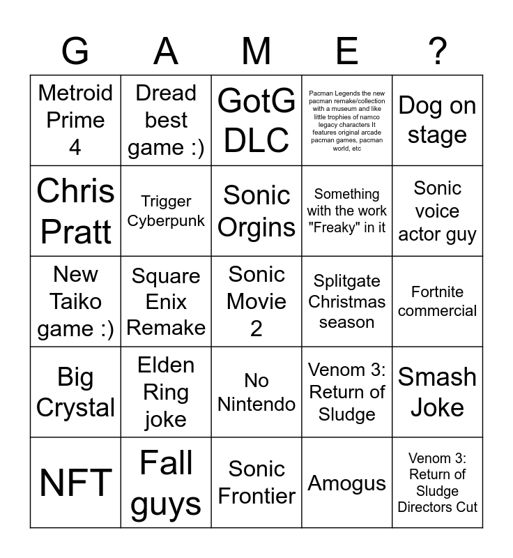 Game award Bingo Card