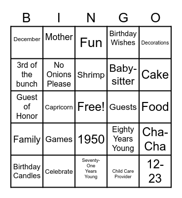 Charlotte's  Birthday Bingo Card