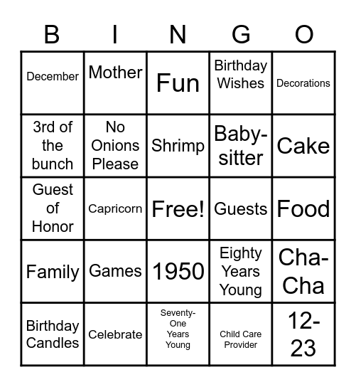 Charlotte's  Birthday Bingo Card