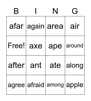 A words Bingo Card