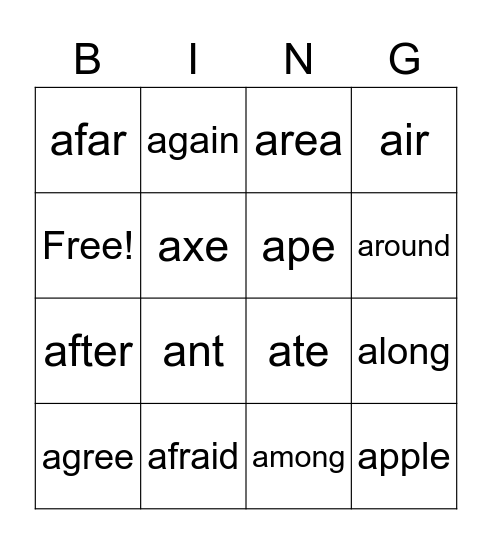 A words Bingo Card