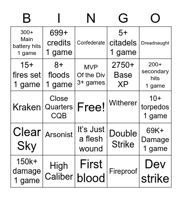 Warships Bingo Card