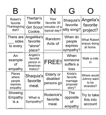 Empathy, Perspectives and Favorites Bingo Card