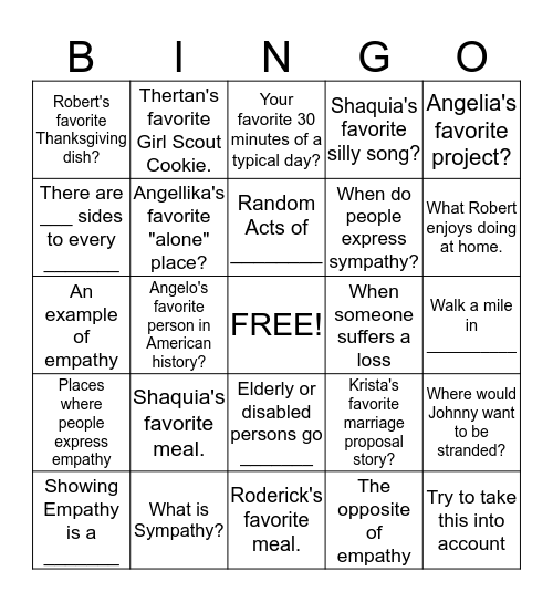 Empathy, Perspectives and Favorites Bingo Card