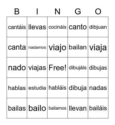 AR Verbs Bingo Card