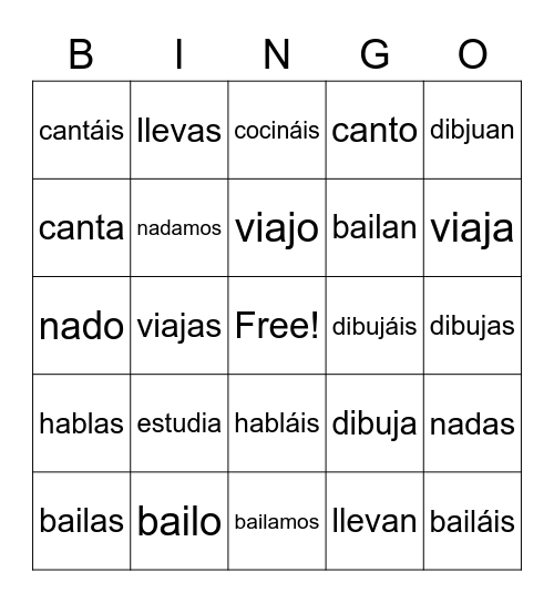 AR Verbs Bingo Card