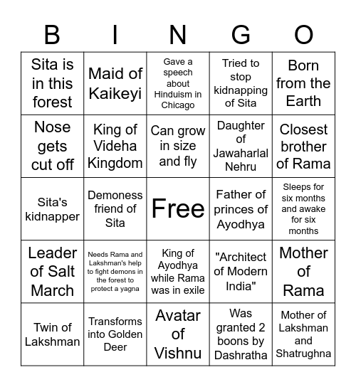 Ramayana & Indian Leaders Bingo Card