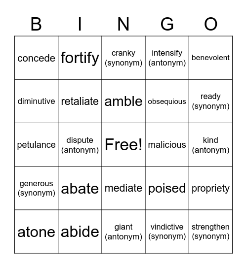 Carlito Vocabulary Bingo Card