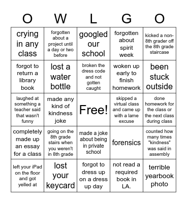 WILLIAMS SCHOOL BINGO Card