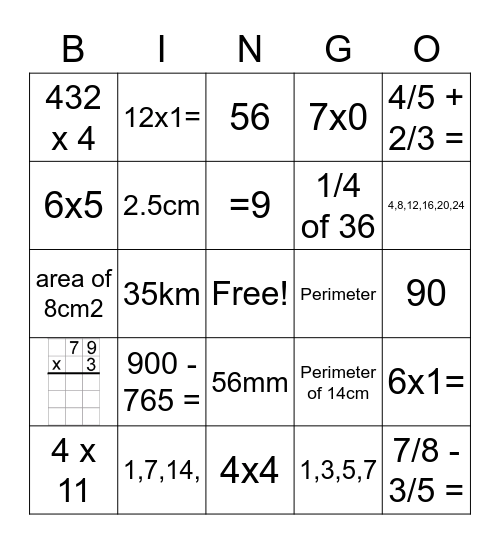 Multiplication Bingo Card