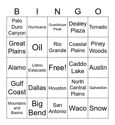 Regions of Texas Bingo Card