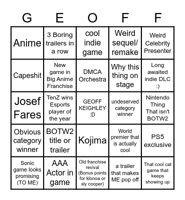 Game Awards Bingo Card
