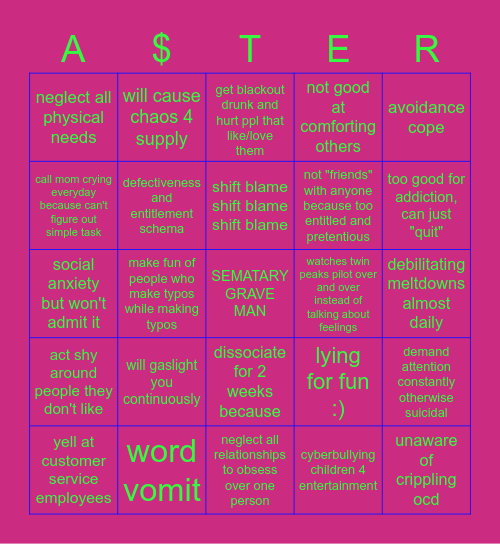 aster b4 rebirth Bingo Card