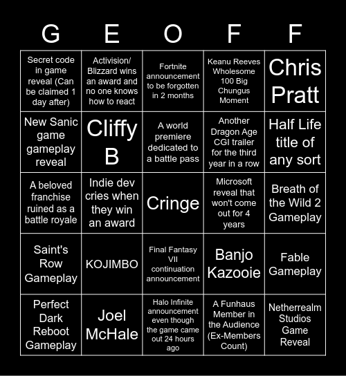 Game Awards 2021 - Card 02 Bingo Card