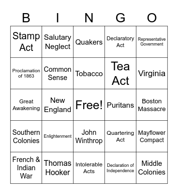 Colonial Life and Road to Revolution Bingo Card