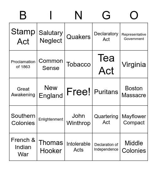 Colonial Life and Road to Revolution Bingo Card