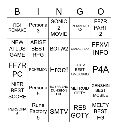 Game awards Bingo Card