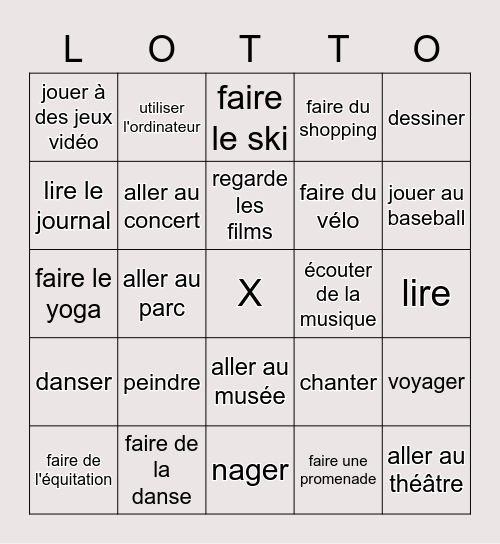 French Hobbies Madame I Bingo Card