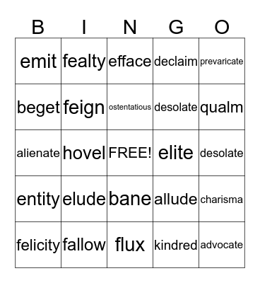 Vocabulary Review Bingo Card